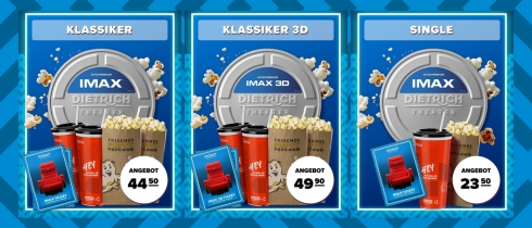 Das Bild zeigt eine Übersicht verschiedener IMAX Gutscheinprodukte des Dietrich Theaters