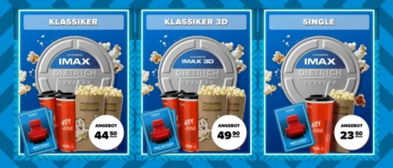 Das Bild zeigt eine Übersicht verschiedener IMAX Gutscheinprodukte des Dietrich Theaters