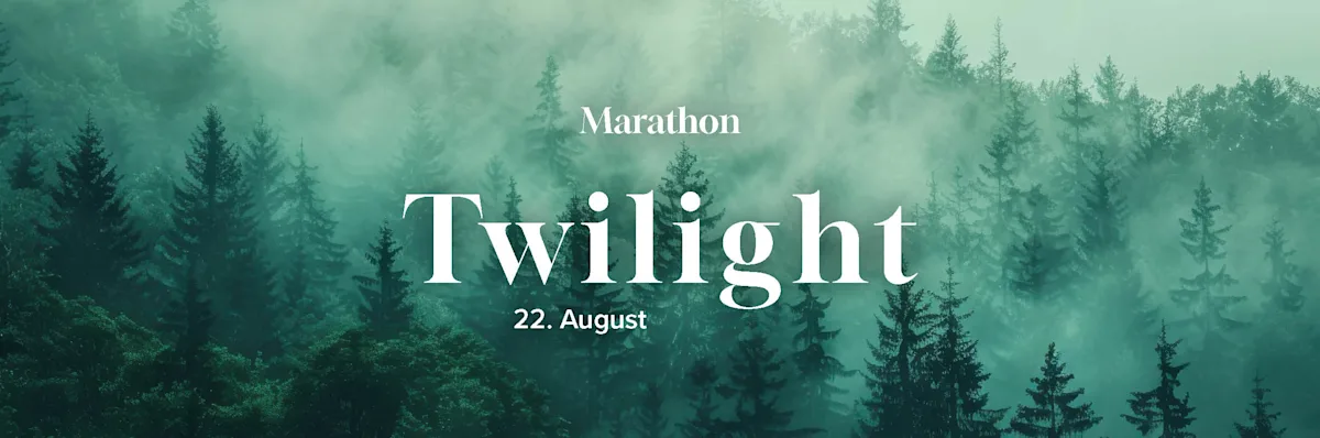 Hier sieht man einen wald und das Plakat zum Twilight Marathon