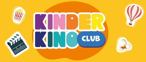 Buntes Banner mit der Aufschrift „Kinder Kino Club“ auf gelbem Hintergrund. Rundherum sind Illustrationen von Popcorn, einer Filmklappe, einem Heißluftballon und einem Getränkebecher zu sehen.