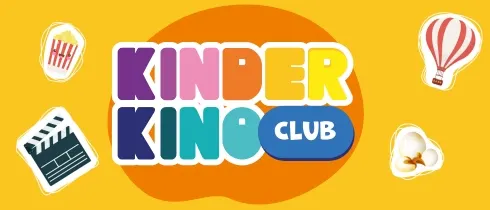 Buntes Banner mit der Aufschrift „Kinder Kino Club“ auf gelbem Hintergrund. Rundherum sind Illustrationen von Popcorn, einer Filmklappe, einem Heißluftballon und einem Getränkebecher zu sehen.