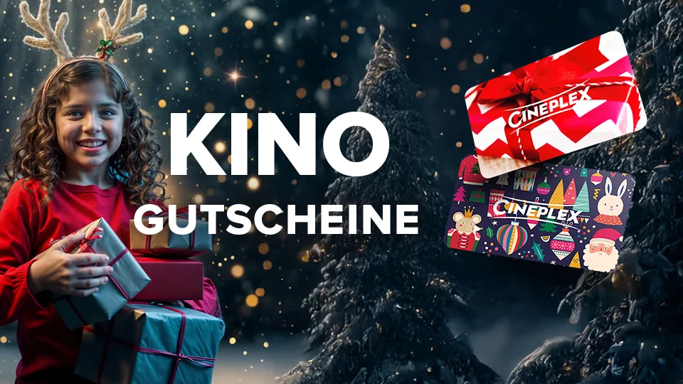 Hier sieht man ein Mädchen mit Rentierplüschohren. In den Händen hält sie Geschenke. Auf der anderen Seite des Bildes sieht man Kinogutscheine abgebildet.