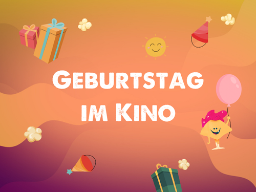 Schmuckgrafik, auf der der Schriftzug "Geburtstag im Kino" geschrieben steht. Um den Schriftzug verstreut sind Geschenke, Partyhüte und Popcorn