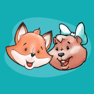 Illustration eines fröhlichen Fuchses und eines lächelnden Bibers mit blauer Schleife auf türkisfarbenem Hintergrund.