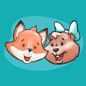 Illustration eines fröhlichen Fuchses und eines lächelnden Bibers mit blauer Schleife auf türkisfarbenem Hintergrund.