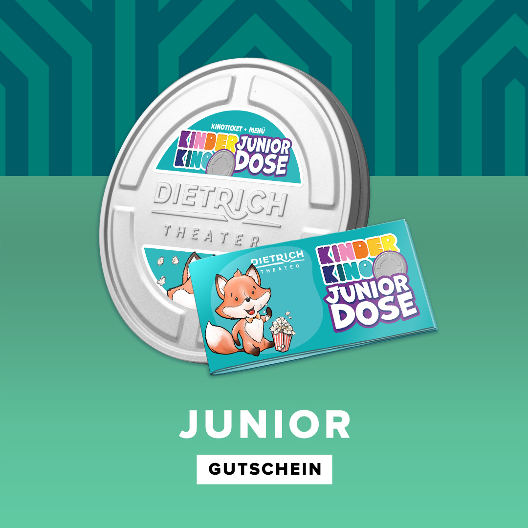 Gutscheinmotiv „Junior“ des Dietrich Theaters: Eine silberne Filmdose und ein buntes Gutscheinheft „Kinder Kino Junior Dose“ mit fröhlichem Fuchs und Popcorn vor grünem Hintergrund. Unten steht „Junior Gutschein“.