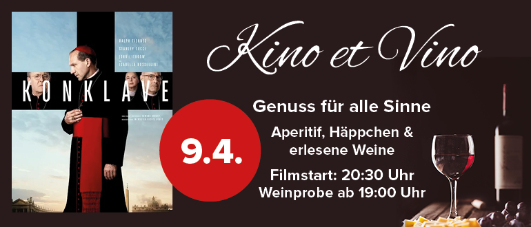 Kino et Vino am 9.4.: Film „Konklave“, Weinprobe ab 19:00 Uhr, Filmstart 20:30 Uhr – jetzt Tickets zur Vorführung buchen