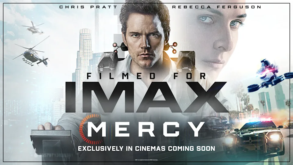 Filmplakat zu ‚Mercy‘: futuristischer Action-Thriller mit zentraler männlicher Figur in Hightech-Ausrüstung, Stadt- und Verfolgungsszenen, Helikoptern und Polizei. Schriftzug ‚Filmed for IMAX‘ und Titel ‚Mercy‘.