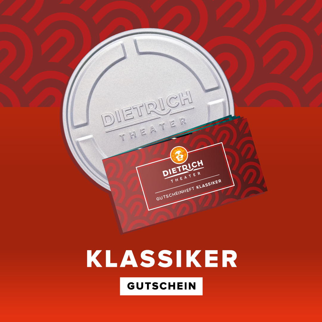 Gutscheinmotiv des Dietrich Theaters: Eine silberne Filmrollen-Dose und ein rotes Gutscheinheft mit Muster liegen vor rotem Hintergrund. Unten steht der Text „Klassiker Gutschein“.
