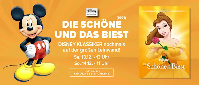Die schöne und das Biest (1991) Disney Klassiker nochmals auf der großen Leinwand! Sa, 13.12. - 13 Uhr und Sonntag, 14.12. - 11 Uhr