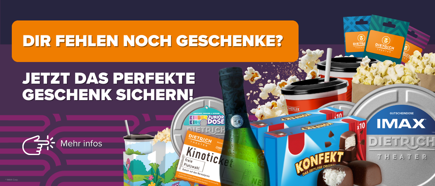 Banner des Dietrich Theaters mit Filmrollenbox und roter Geschenkkarte. Rechts steht der Text „Zum Shop“ auf rotem Hintergrund mit Muster.