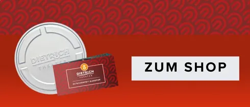 Banner des Dietrich Theaters mit Filmrollenbox und roter Geschenkkarte. Rechts steht der Text „Zum Shop“ auf rotem Hintergrund mit Muster.
