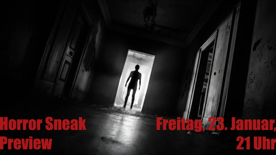 Dunkler Raum mit Silhouette einer gestallt im Hintergrund. In roter Schrift im Vordergrund stehen Horror Sneak und Daten