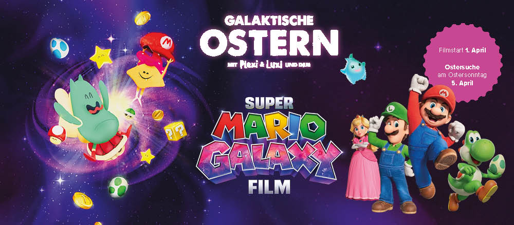 hier sieht man eine grafik zu einer ostersuchaktion im kino - zu sehen sind die charaktere aus SUPER MARIO
