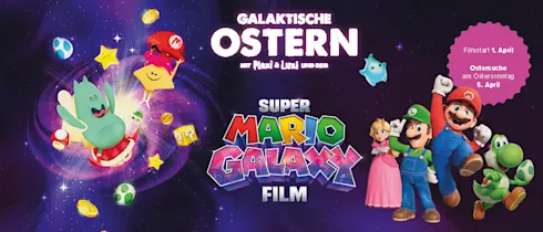 hier sieht man eine grafik zu einer ostersuchaktion im kino - zu sehen sind die charaktere aus SUPER MARIO