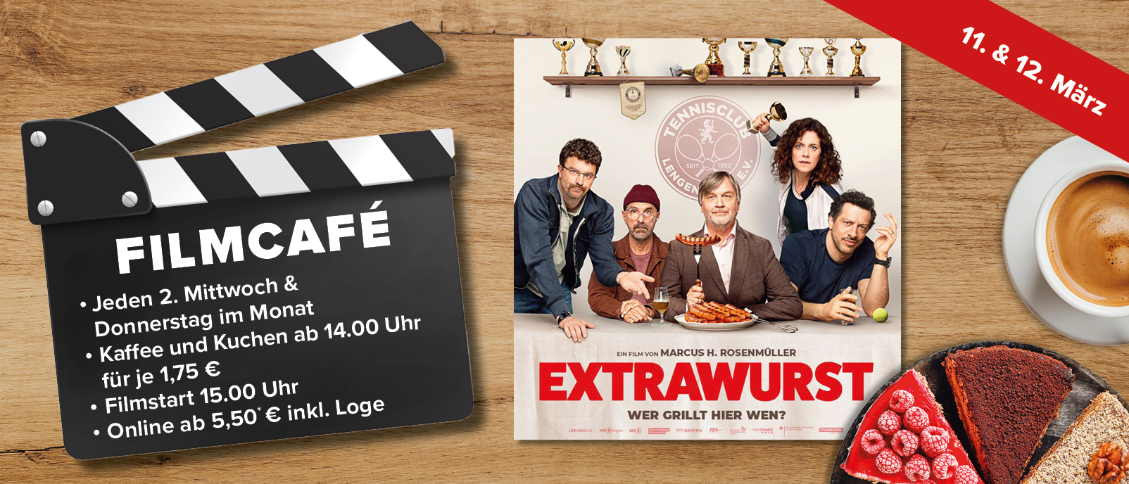 Veranstaltungsseite öffnen: Filmcafé 11.–12. März – Kaffee & Kuchen ab 14 Uhr (1,75 €), Filmstart 15 Uhr; online ab 5,50 € inkl. Loge.”