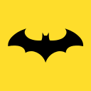 hier sieht man auf gelben hintergrund eine schwarze "Batman" Fledermaus