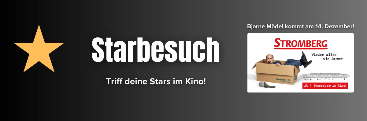 Hier sieht man ein Banner zum Starbesuch. Darauf sieht man das Plakat vom Stromberg und die Info, dass Bjarne Mädel am 14. Dezember zu uns kommt.