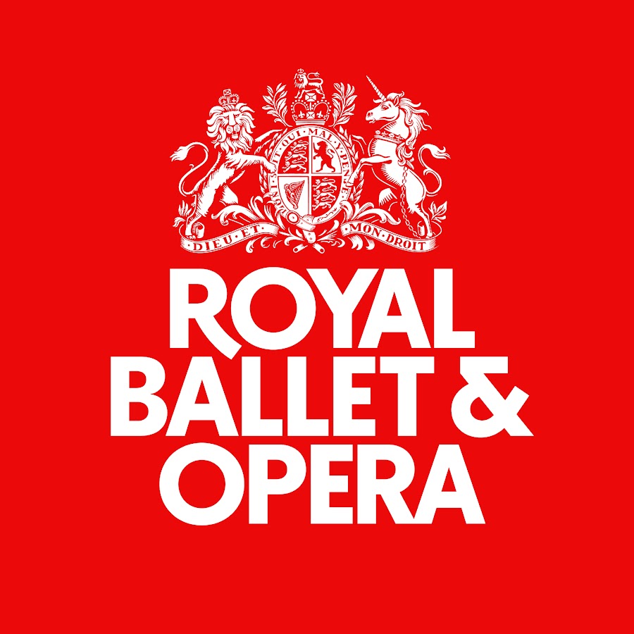 Das offizielle Logo des Royal Ballet & Opera auf einem leuchtend roten Hintergrund.