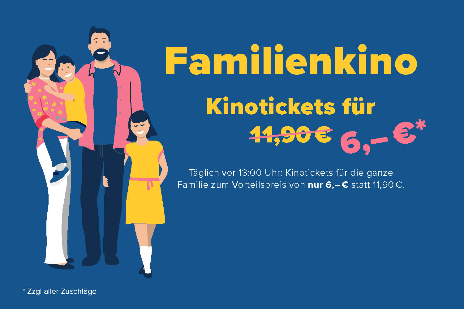 hier sieht man eine Familie, auf blauem Hintergrund und den Schriftzug "Familienkino" 