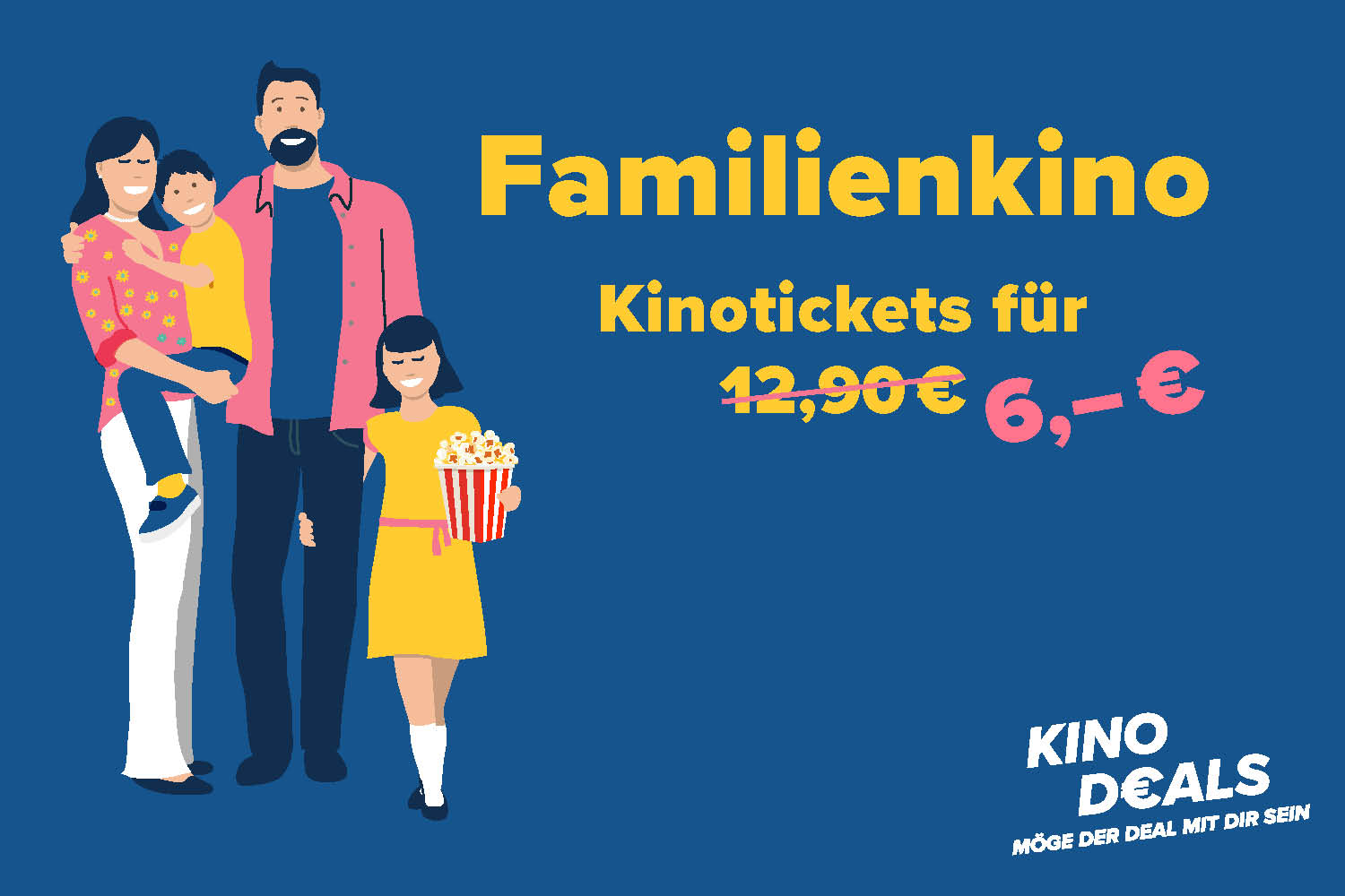 hier sieht man eine Familie, auf blauem Hintergrund und den Schriftzug "Familienkino" 