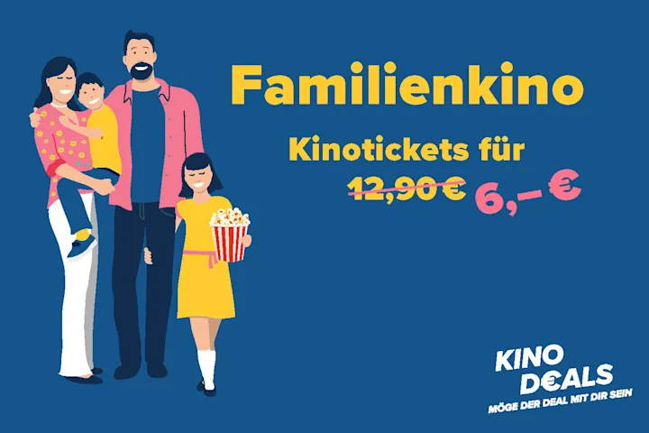 hier sieht man eine Familie, auf blauem Hintergrund und den Schriftzug "Familienkino"