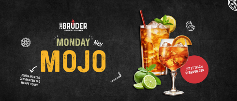 eine Grafik, die unseren Monday Mojo bewirbt - hier gibt es den ganzen Tag happy Hour. zu sehen sind zwei Cocktailgläser