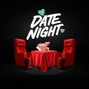 Logo „Date Night“ mit zwei roten Kinosesseln und einem Tisch mit rotem Tuch, Popcorn, Getränk und Burger. Zwei grüne Herzen schmücken den Schriftzug auf schwarzem Hintergrund.