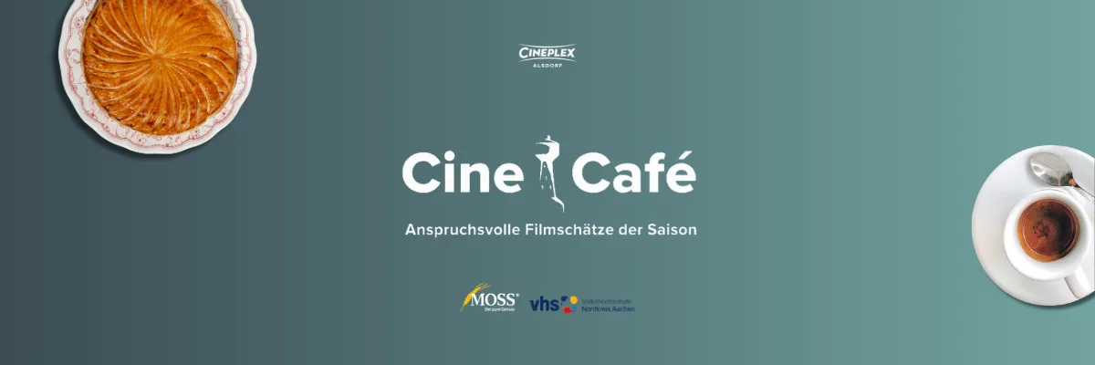 Hier sieht man eine kaffeetasse und einen Kuchen von oben - in der Mitte der Schriftzug "Cinetowercafé"