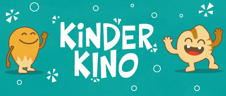 Schriftzug Kinderkino mit zwei fröhlichen Figuren