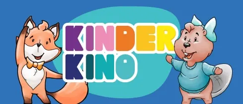Buntes Banner mit der Aufschrift „Kinder Kino“. Links steht ein fröhlicher Fuchs mit Fliege, rechts ein lachender Biber mit blauer Schleife und Pullover vor blauem Hintergrund.