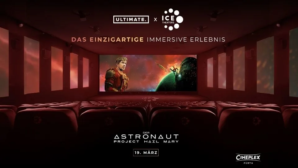 Immersives Kino mit rotem Innenraum und Filmwerbung für „Der Astronaut – Project Hail Mary“ im Ultimate ICE Theater. Link zur vorstellung