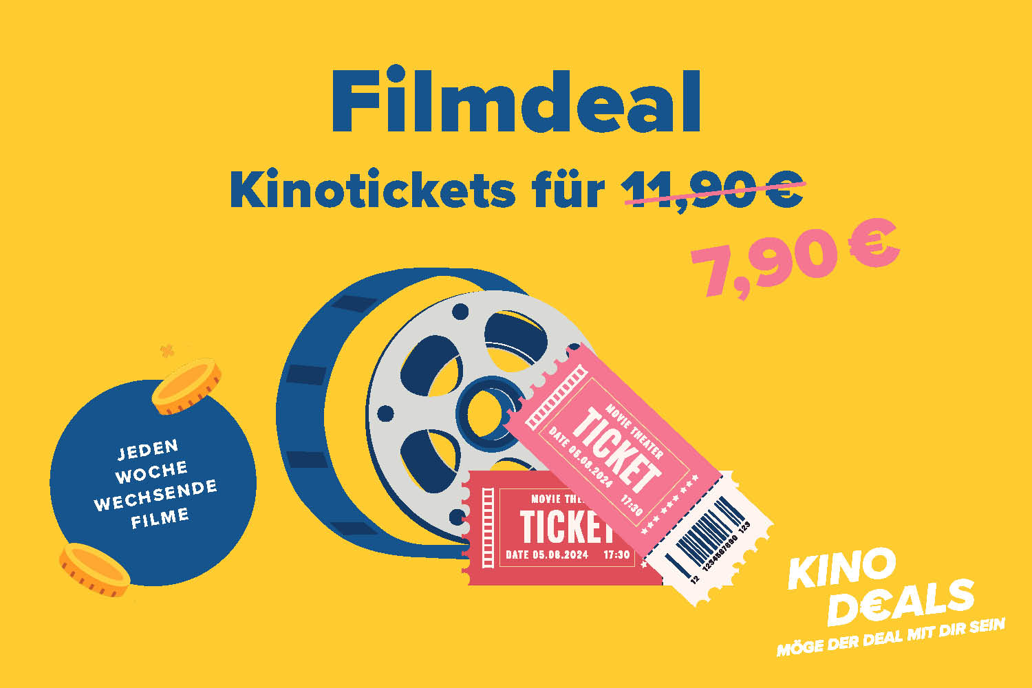 Hier sieht man auf gelben Grund eine Figur, die glücklich aussieht. Die Grafik bewirbt unseren Filmdeal. 