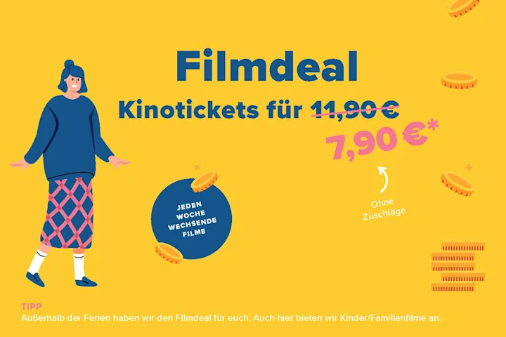 Hier sieht man auf gelben Grund eine Figur, die glücklich aussieht. Die Grafik bewirbt unseren Filmdeal.