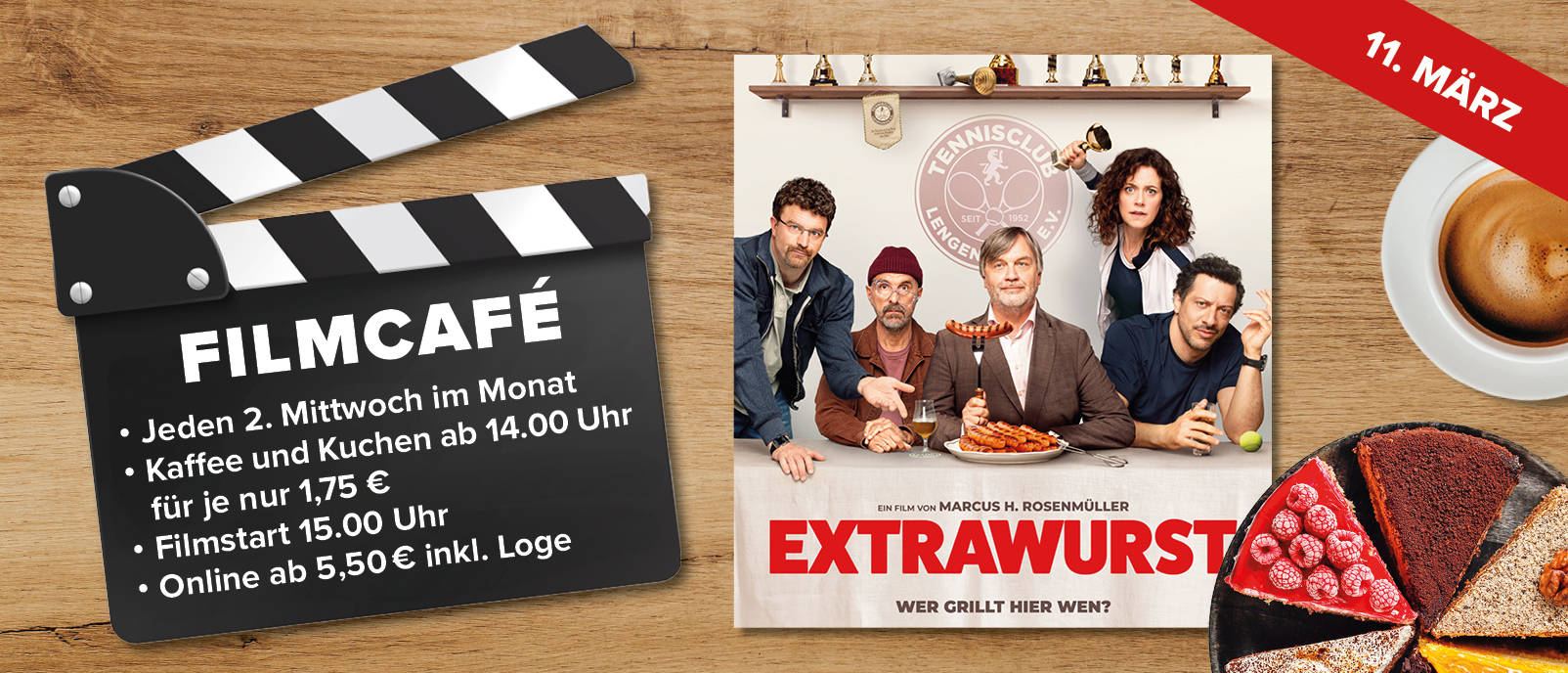Filmcafé am 11. März: Kaffee und Kuchen ab 14 Uhr (1,75 €), Film „Extrawurst“ um 15 Uhr; online ab 5,50 € inkl. Loge.