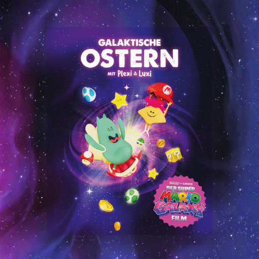 Galaktisches Oster-Motiv mit buntem Weltraumhintergrund: Comic-Figuren Plexi und Luxi schweben zwischen Sternen, Münzen und Spielelementen, begleitet von dem Schriftzug „Galaktische Ostern“ und Hinweis auf den Super Mario Galaxy Film.