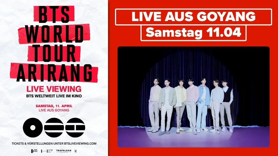 “Live Viewing: BTS World Tour Arirang – Übertragung aus Goyang am Samstag, 11.04. Jetzt Tickets kaufen.”