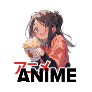 Anime Logo mit einem Mädchen das einen Popcorneimer hält