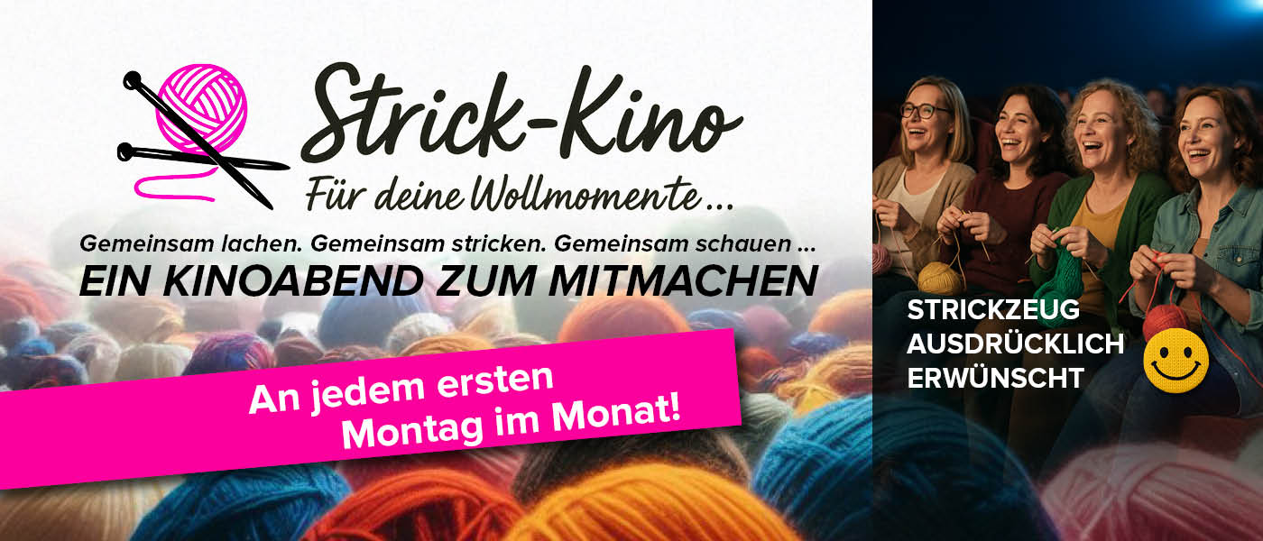 Strick-Kino: Gemeinsam lachen, gemeinsam schauen, gemeinsam stricken bei etwas hellerem Sallicht.