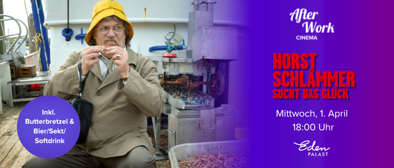 hier sieht man links Hape Kerkeling als Horst Schlämmer, der auf einem Fischerboot sitzt und angeekelt guckt.