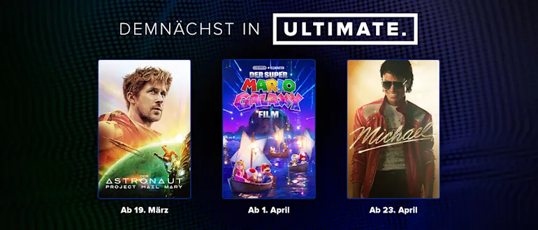 Schmuckgrafik mit Filmplakaten, die zeigt, welche Filme wir demnächst in unserem ULTIMATE Saal zeigen werden