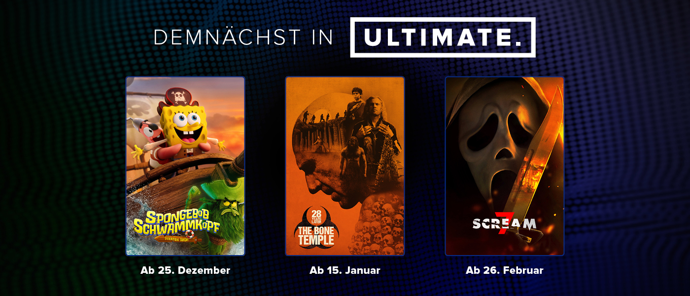 Schmuckgrafik mit Filmplakaten, die zeigt, welche Filme wir demnächst in unserem ULTIMATE Saal zeigen werden