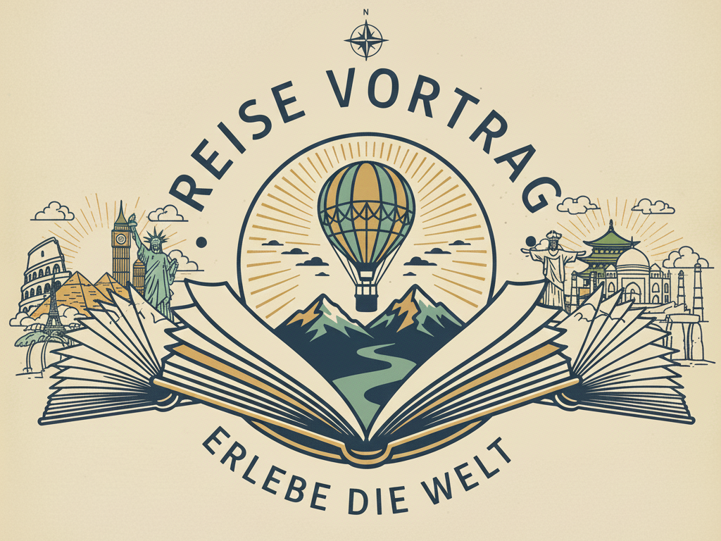 Reisevortrag Banner mit verschiedenen Sehenwürdigkeiten links und rechts neben einem Buch