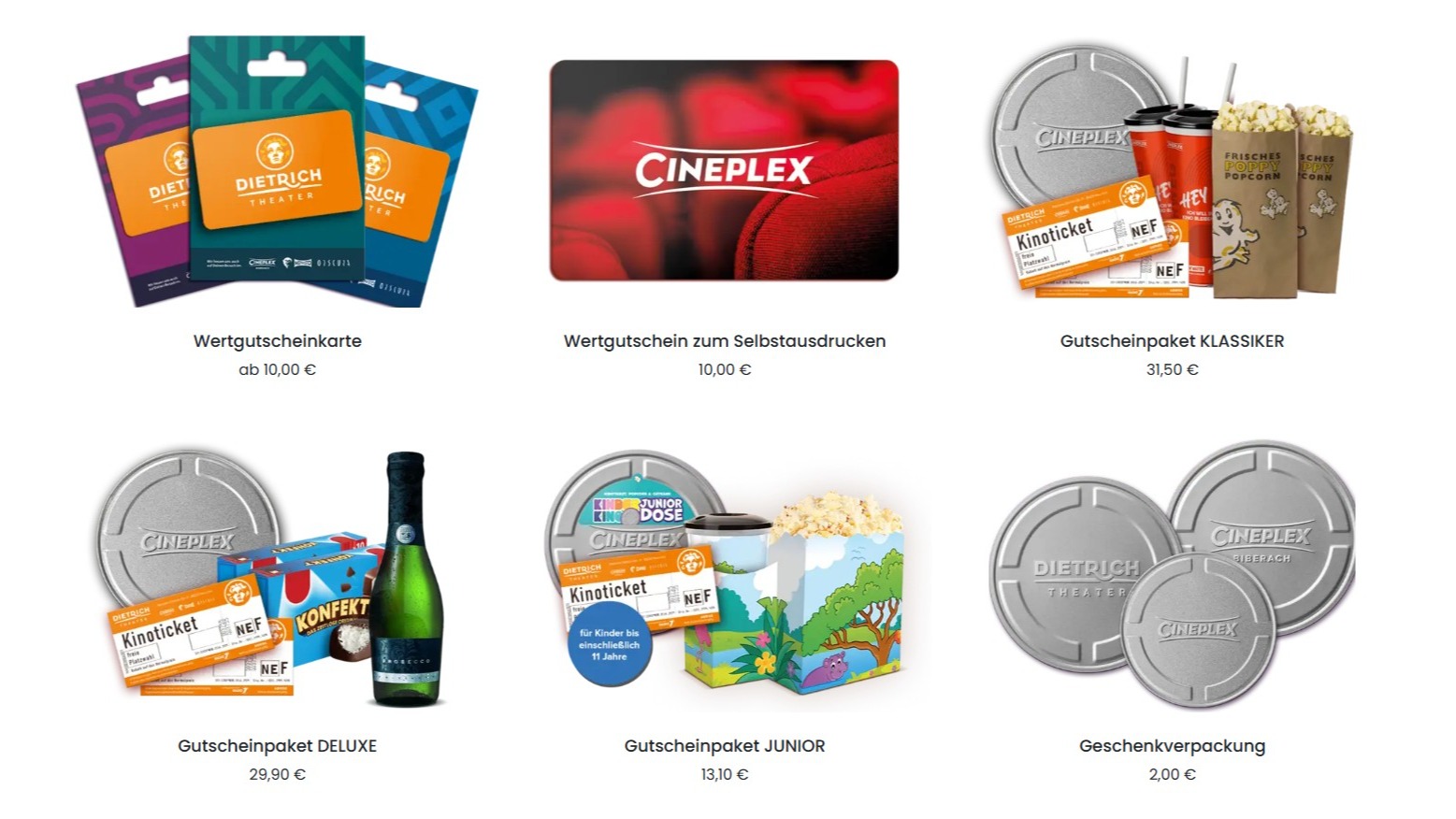 Das Bild zeigt eine Übersicht verschiedener Gutscheinprodukte des Dietrich Theaters bzw. der Cineplex-Gruppe. Abgebildet sind.