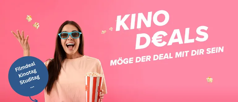 Hier sieht man eine junge Frau, die freudig erstaunt blickt. der Schriftzug "Kinodeals - Möge der Deal mit dir sein" bewirbt unsere unterschiedlichen, vergünstigenden Angebote.