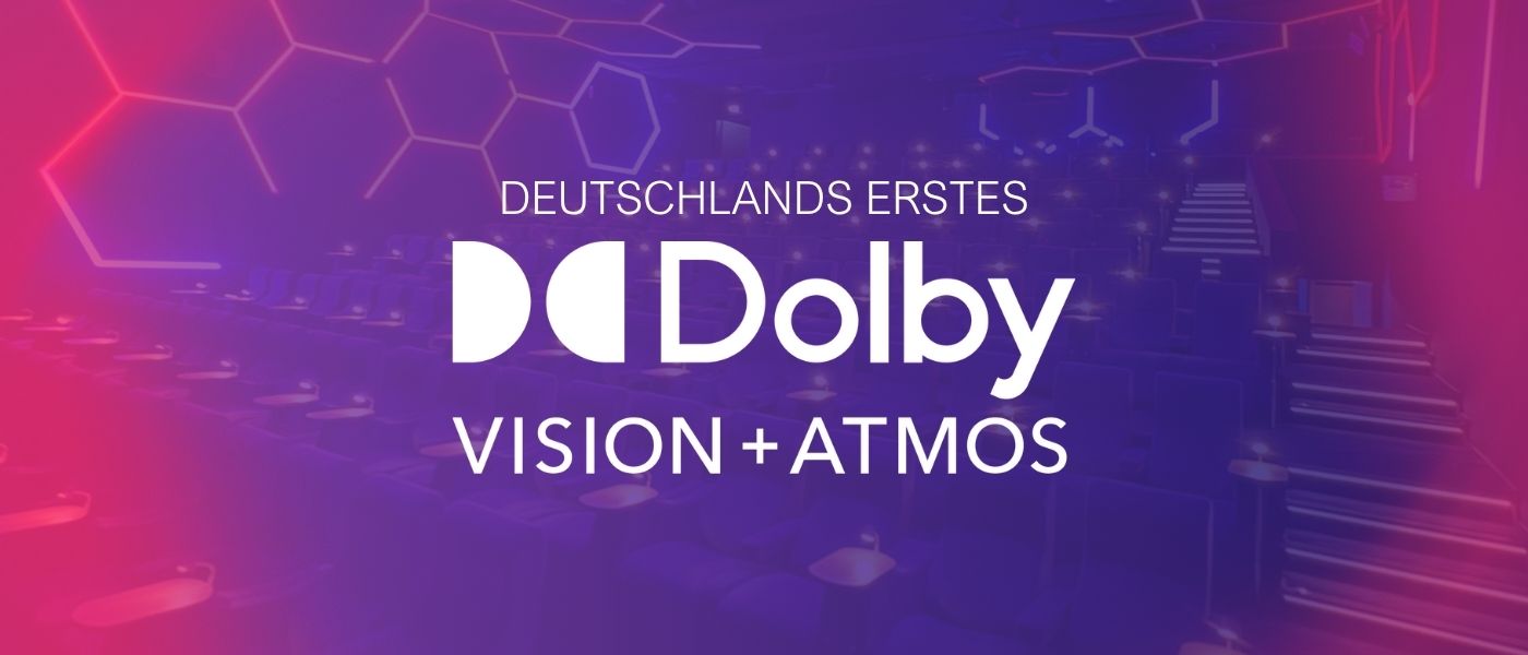 Dolby Vision + Atmos Logo mit Saal 1 in Nürnberg im Hintergrund