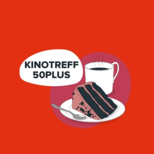 Logo „Kinotreff 50Plus“ mit Illustration einer Tasse Kaffee und einem Stück Schokoladenkuchen auf Teller vor rotem Hintergrund.