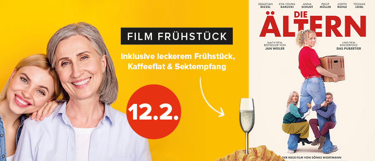 Ankündigung Filmfrühstück am 12.2.: inklusive Frühstück, Kaffeeflat und Sektempfang, mit Filmplakat rechts“