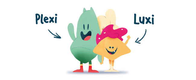 Grafik, auf der unsere Kinomaskottchen Plexi und Luxi vorgestellt werden. Plexi sieht aus wie ein grünes Jelly-Bean mit Ohren während Luxi ein nacho-ähnliches Wesen mit rosa Haarschleife ist. 
