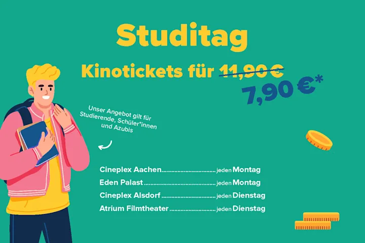 Hier sieht man eine Person auf blauem Hintergrund, die glücklich auf den Schriftzug "Studitag" schaut.